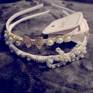 NWT two white pearl headbands with faux diamonds